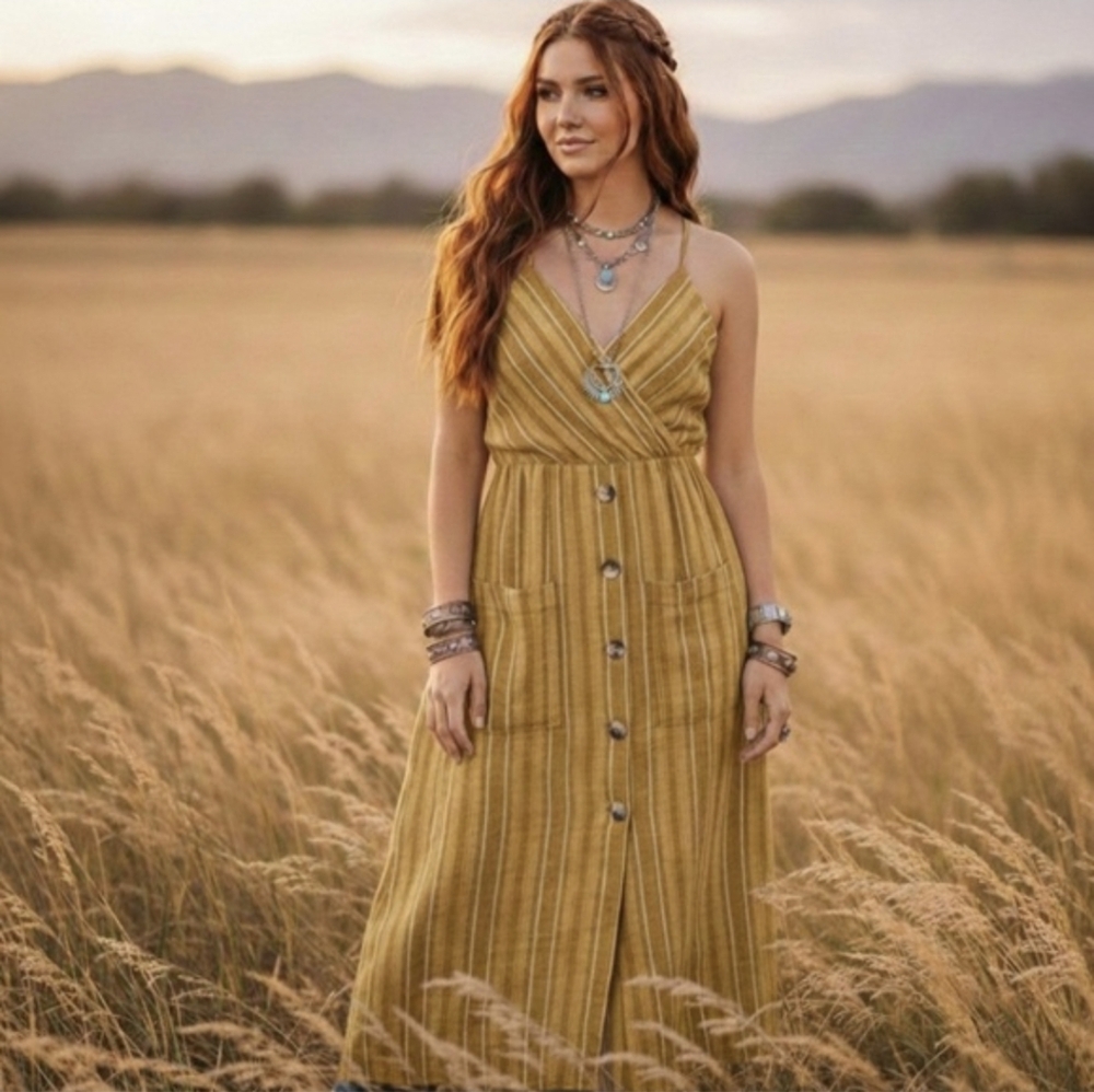Indigo Rein Boho Mustard Yellow Linen Blend Midi Button Dress Womens Size XS